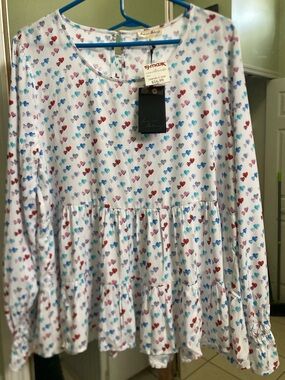 Jane and Delancey White Tunic/babydoll Top with Red, Blue and Pink Hearts XL